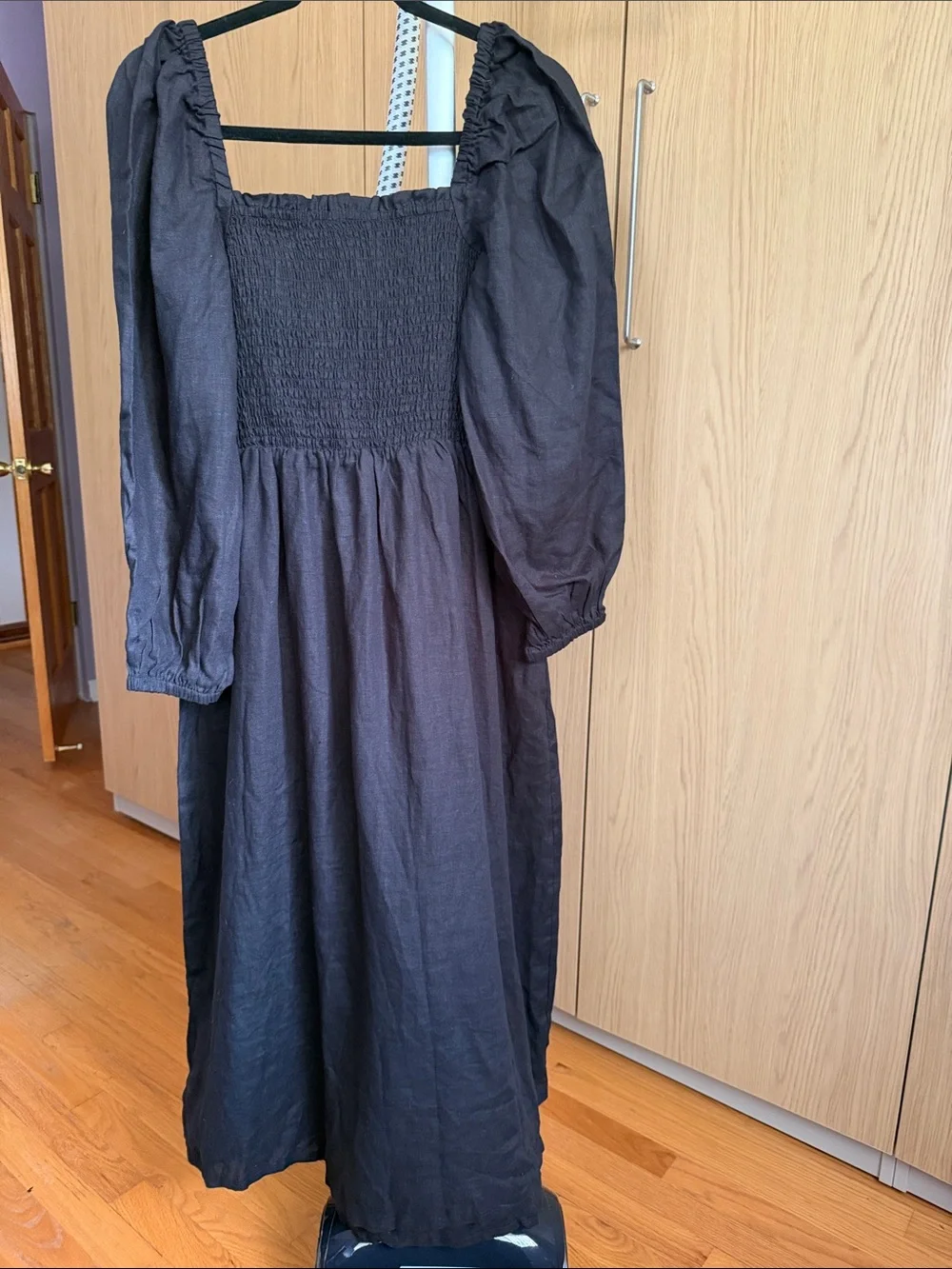 J. Crew 100% Linen Black Lined Long Sleeve Smocked Waist Midi Dress